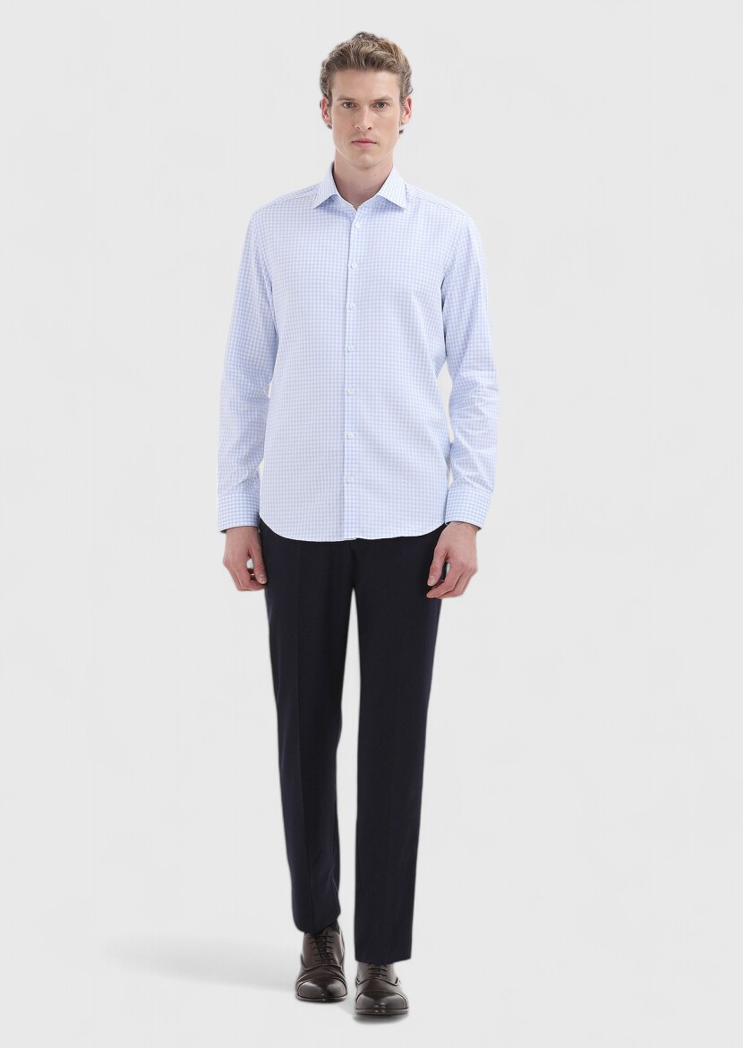 Light Blue Regular Fit Long Weaving Classical 100% Cotton Shirt - 1