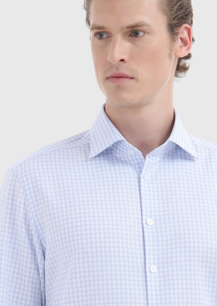 Light Blue Regular Fit Long Weaving Classical 100% Cotton Shirt - 3