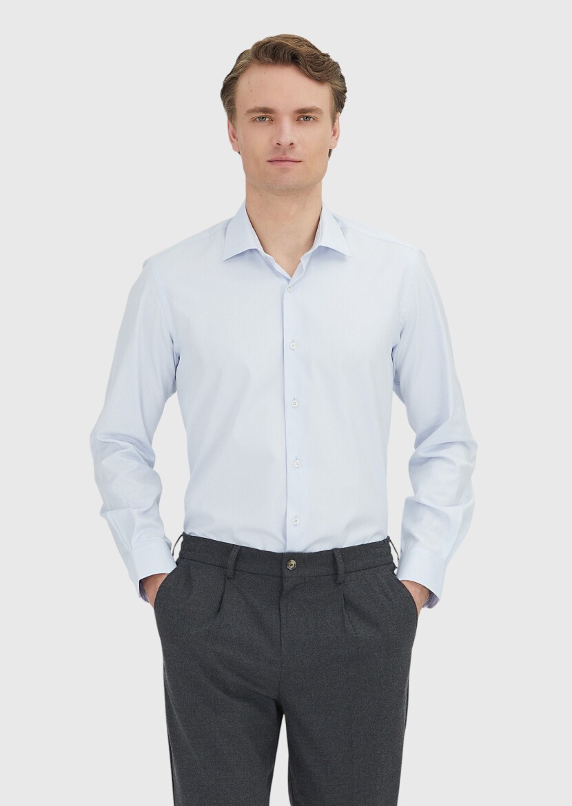 Light Blue Regular Fit Long Weaving Classical 100% Cotton Shirt - RAMSEY