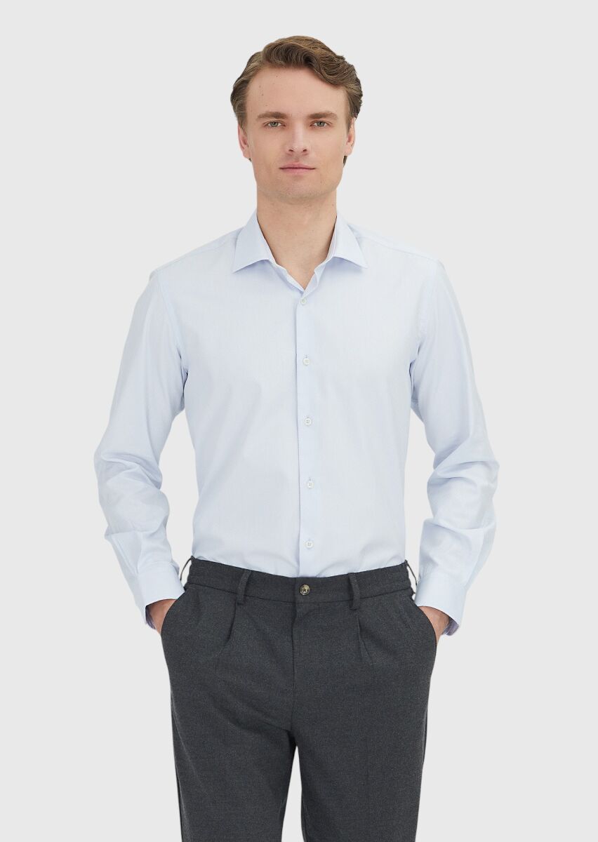 Light Blue Regular Fit Long Weaving Classical 100% Cotton Shirt - 1