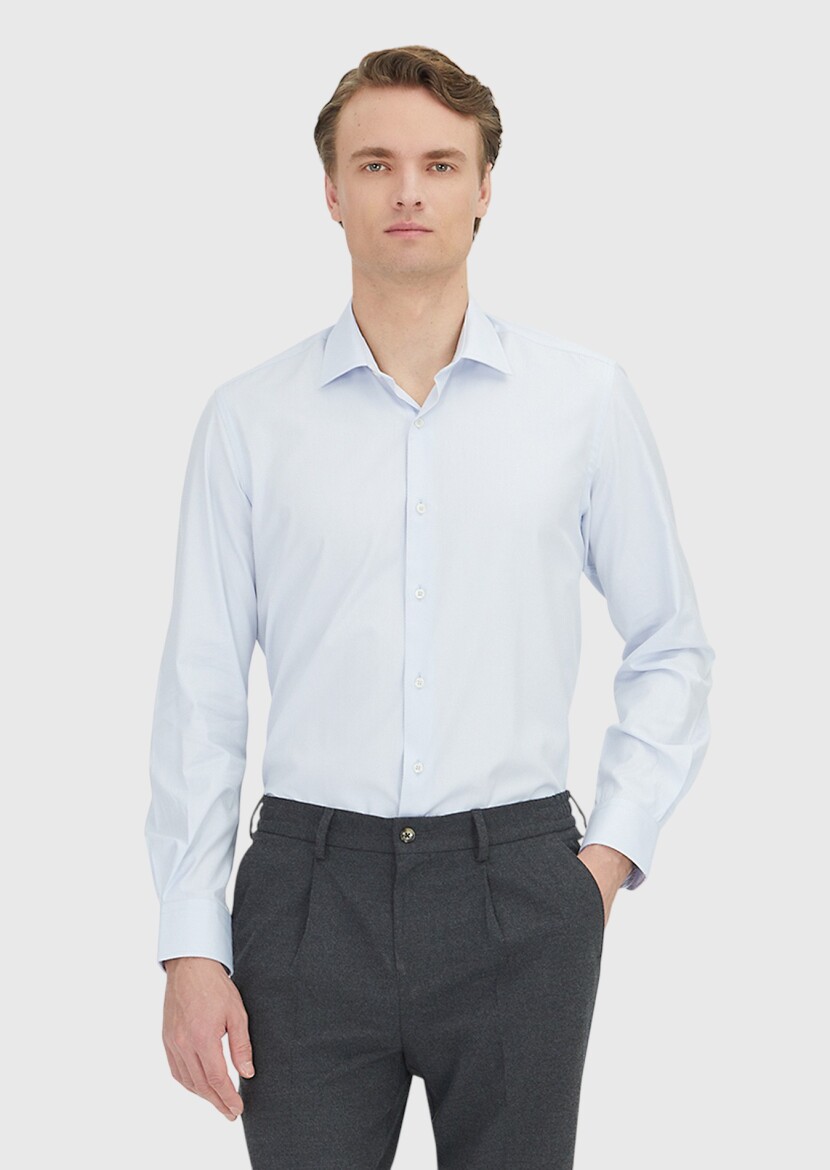 Light Blue Regular Fit Long Weaving Classical 100% Cotton Shirt - RAMSEY