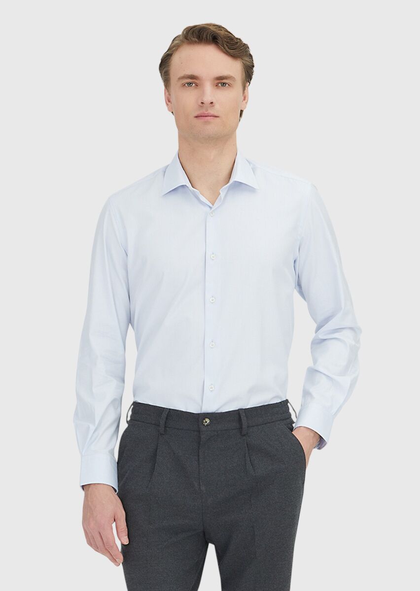 Light Blue Regular Fit Long Weaving Classical 100% Cotton Shirt - 2