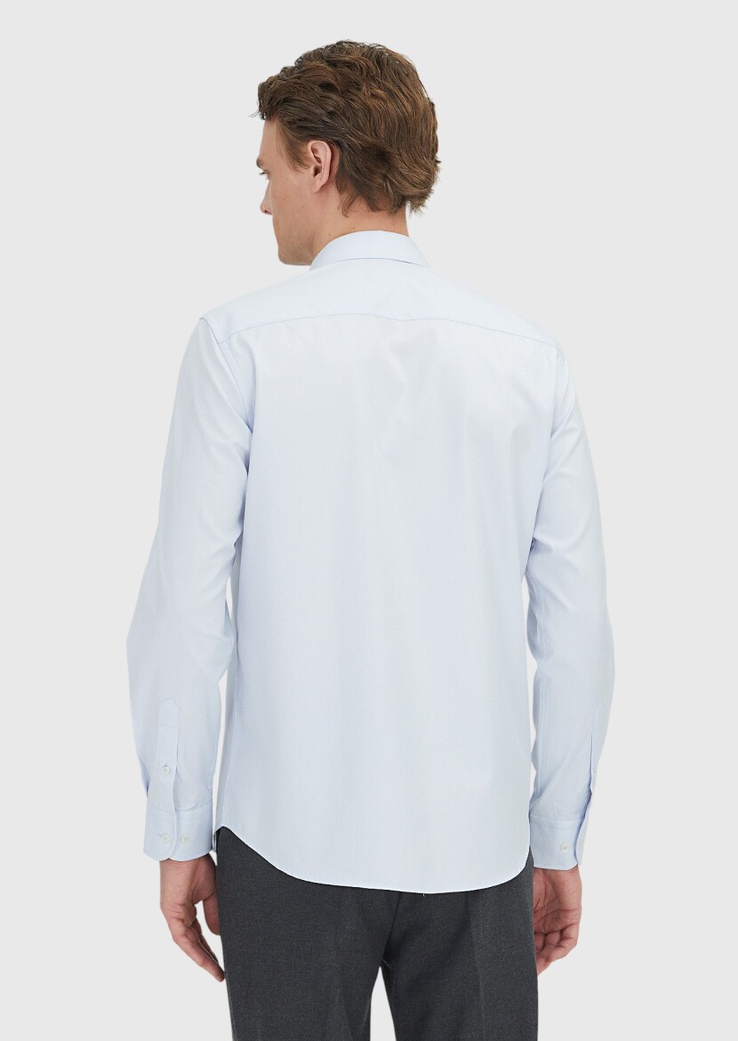 Light Blue Regular Fit Long Weaving Classical 100% Cotton Shirt - 5