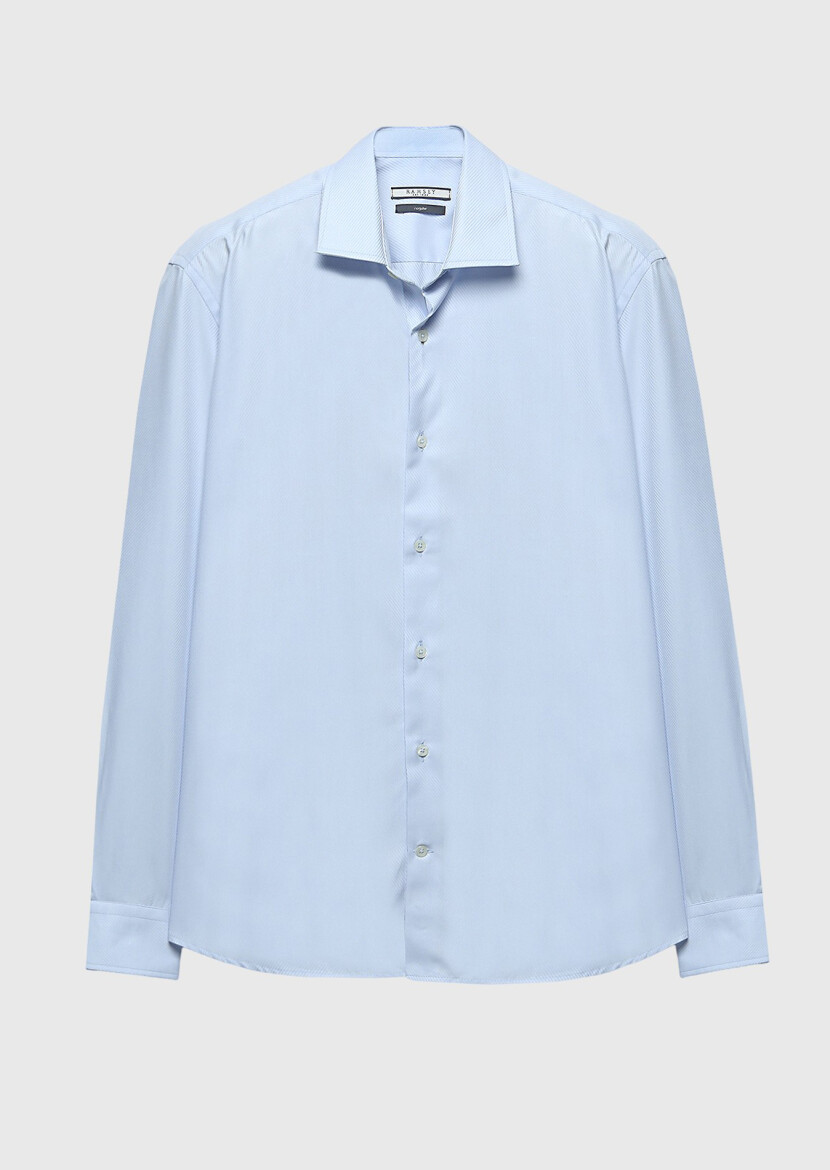 Light Blue Regular Fit Long Weaving Classical 100% Cotton Shirt - 6