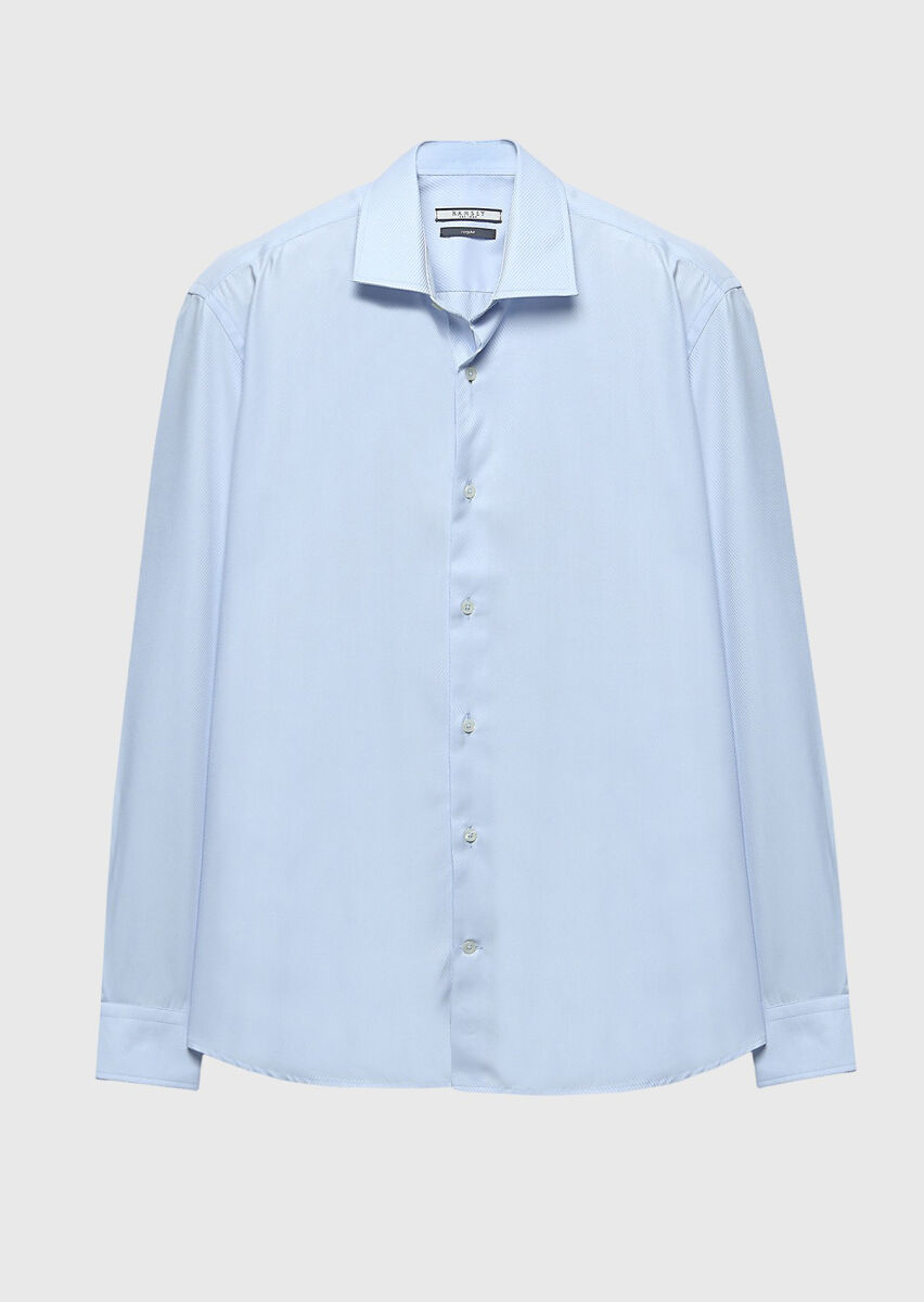 Light Blue Regular Fit Long Weaving Classical 100% Cotton Shirt - 6