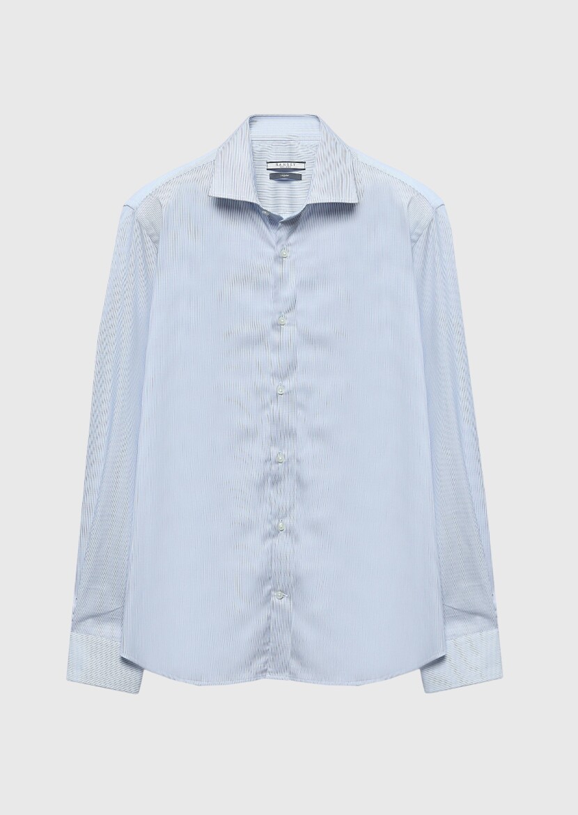 Light Blue Regular Fit Long Weaving Classical 100% Cotton Shirt - 6