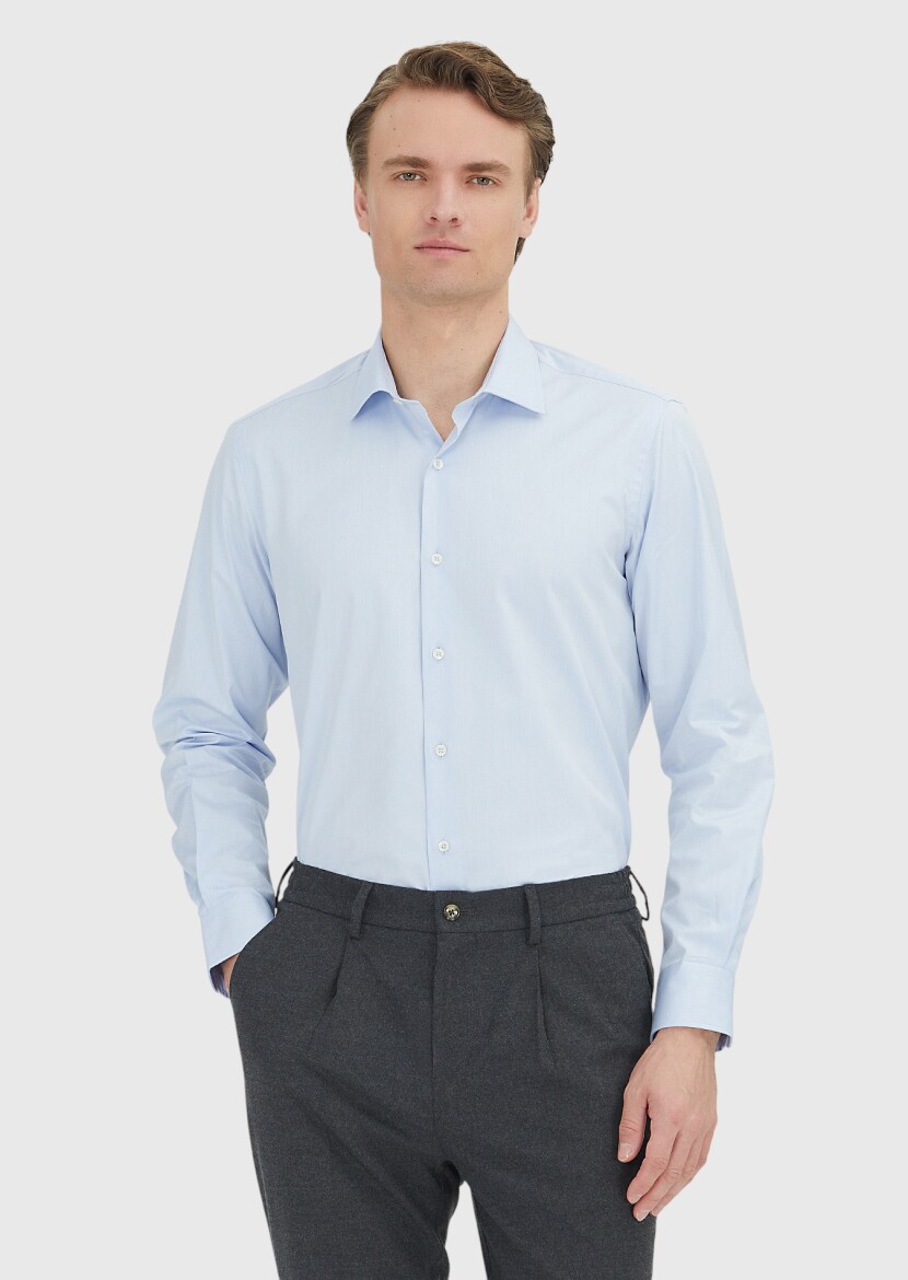 Light Blue Regular Fit Long Weaving Classical 100% Cotton Shirt - 1