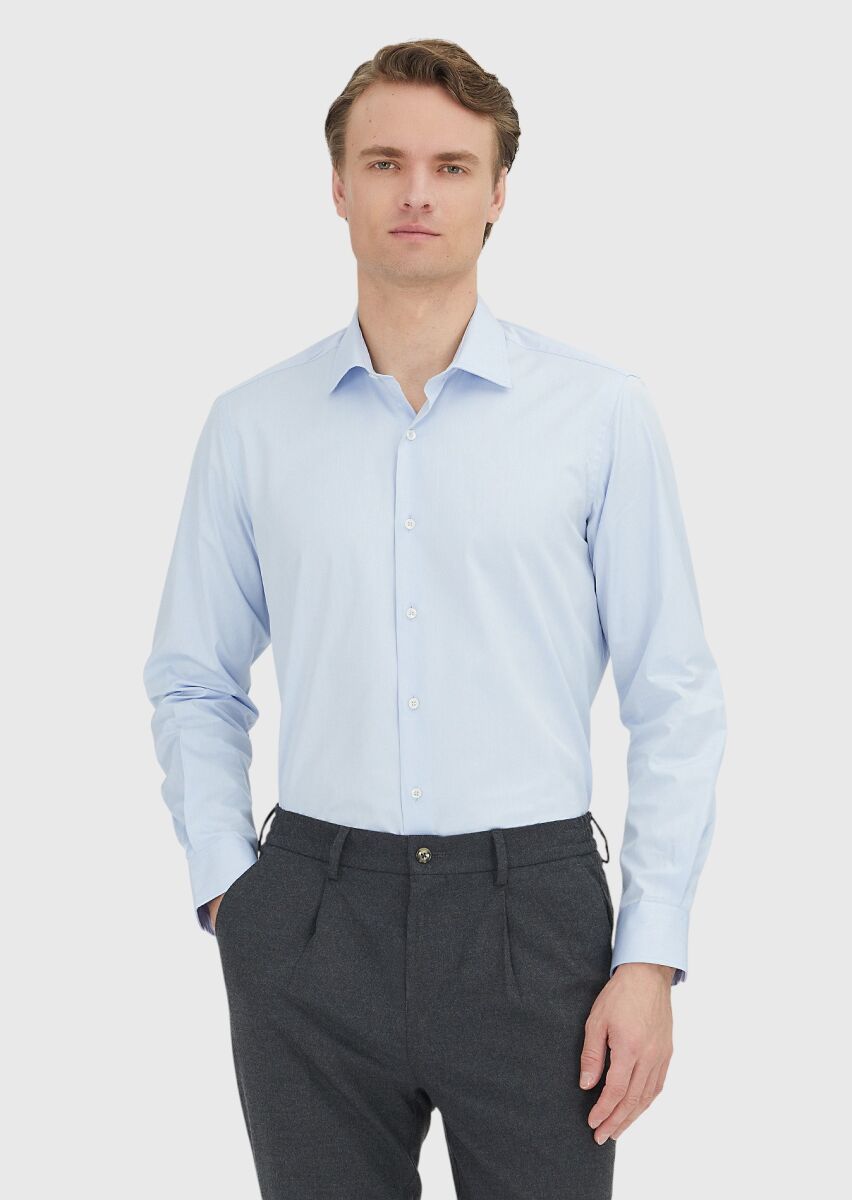 Light Blue Regular Fit Long Weaving Classical 100% Cotton Shirt - 1