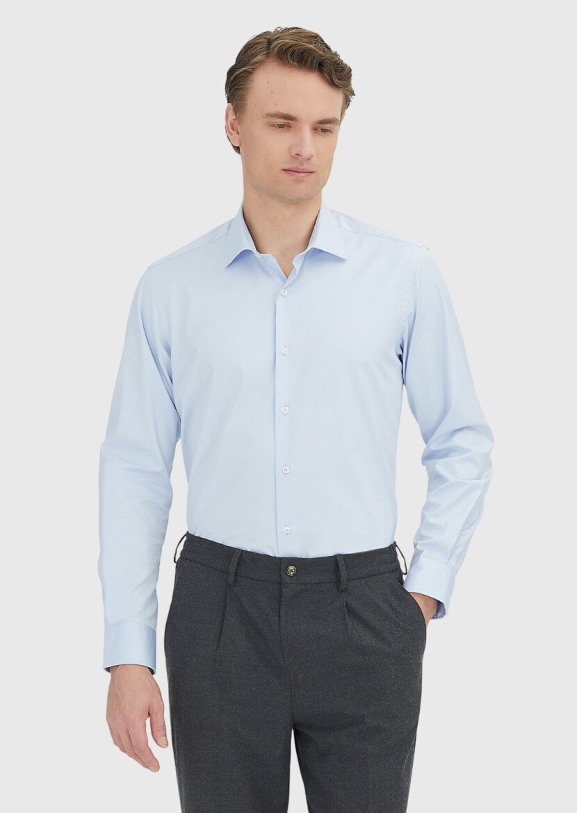 Light Blue Regular Fit Long Weaving Classical 100% Cotton Shirt - 3