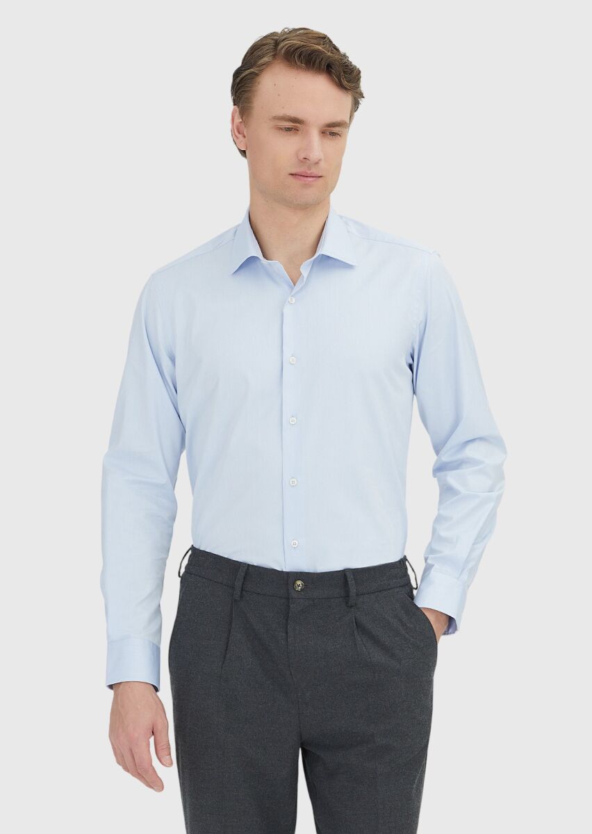 Light Blue Regular Fit Long Weaving Classical 100% Cotton Shirt - 3