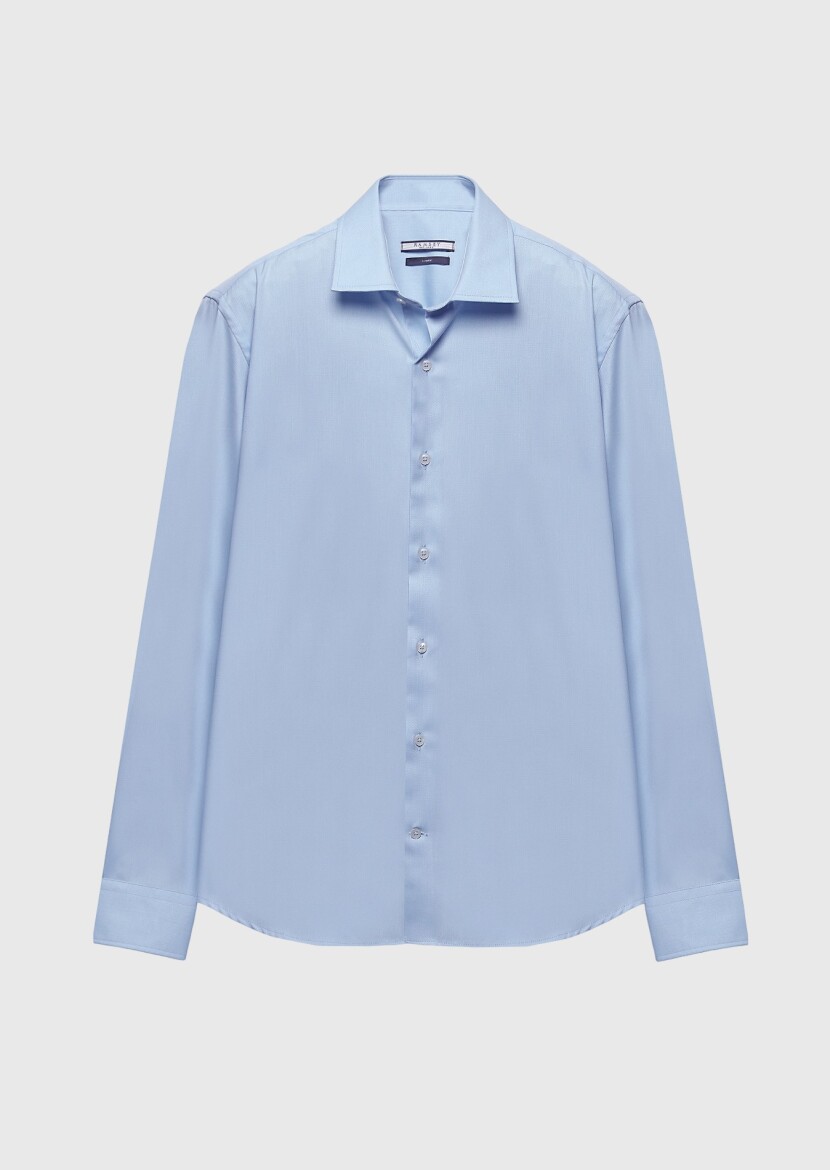 Light Blue Regular Fit Long Weaving Classical 100% Cotton Shirt - 7