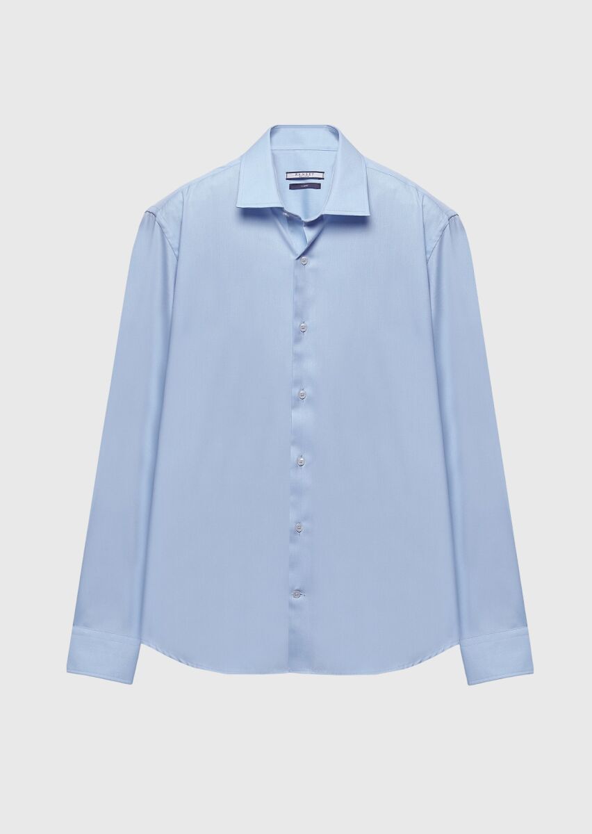 Light Blue Regular Fit Long Weaving Classical 100% Cotton Shirt - 7