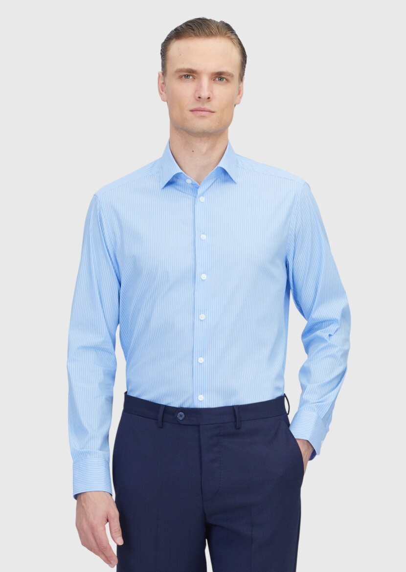 Light Blue Regular Fit Long Weaving Classical Cotton Blended Shirt - RAMSEY