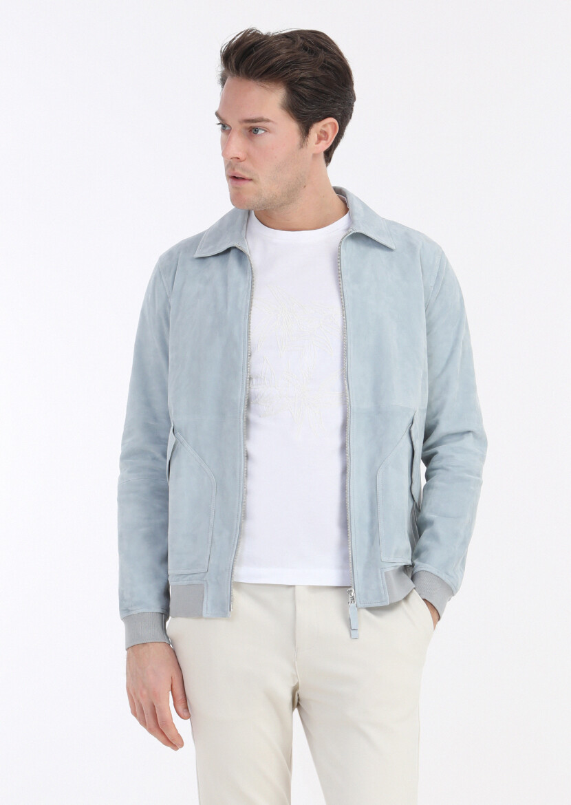 Light Blue Regular Fit Shirt Collar Casual Suede Leather Coat - 2