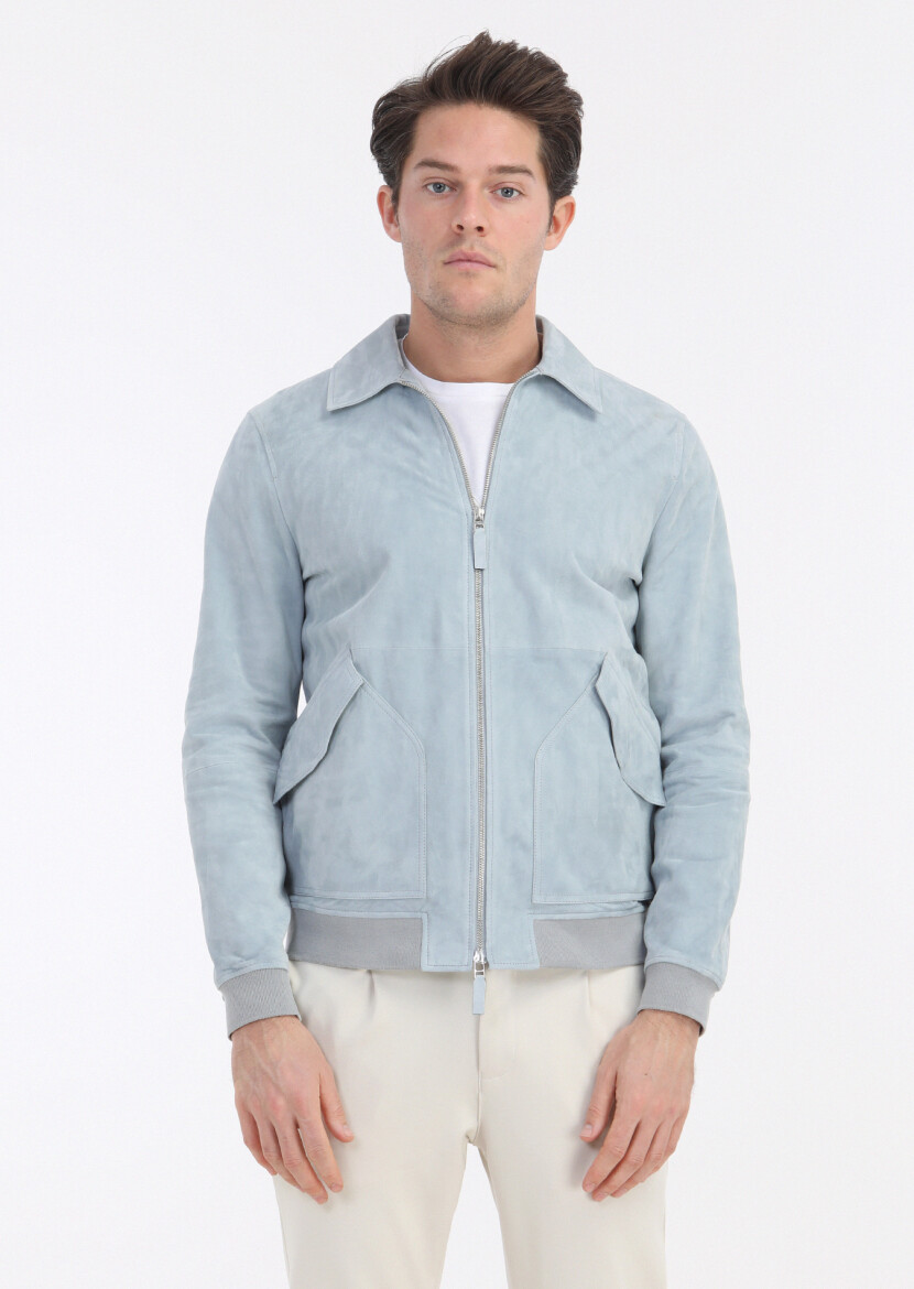 Light Blue Regular Fit Shirt Collar Casual Suede Leather Coat - 3