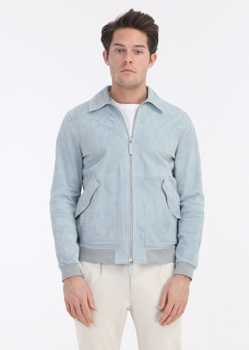 Light Blue Regular Fit Shirt Collar Casual Suede Leather Coat - 3