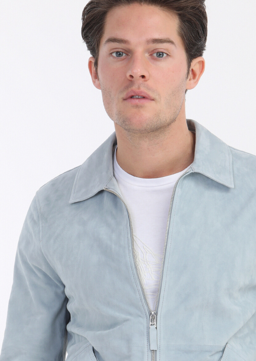 Light Blue Regular Fit Shirt Collar Casual Suede Leather Coat - 4