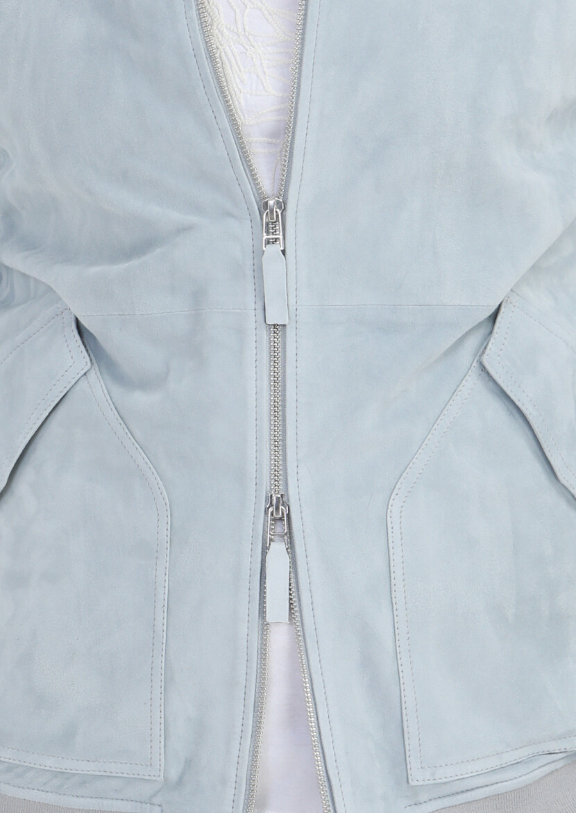 Light Blue Regular Fit Shirt Collar Casual Suede Leather Coat - 5