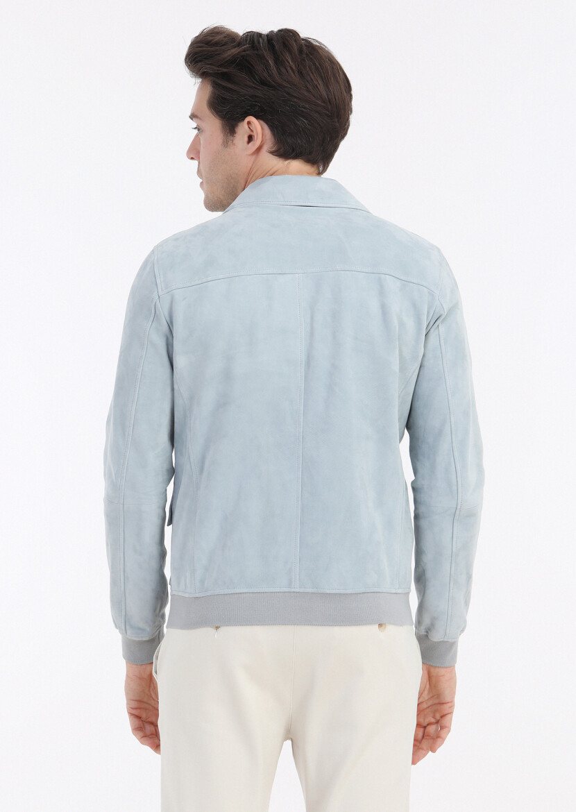 Light Blue Regular Fit Shirt Collar Casual Suede Leather Coat - 6
