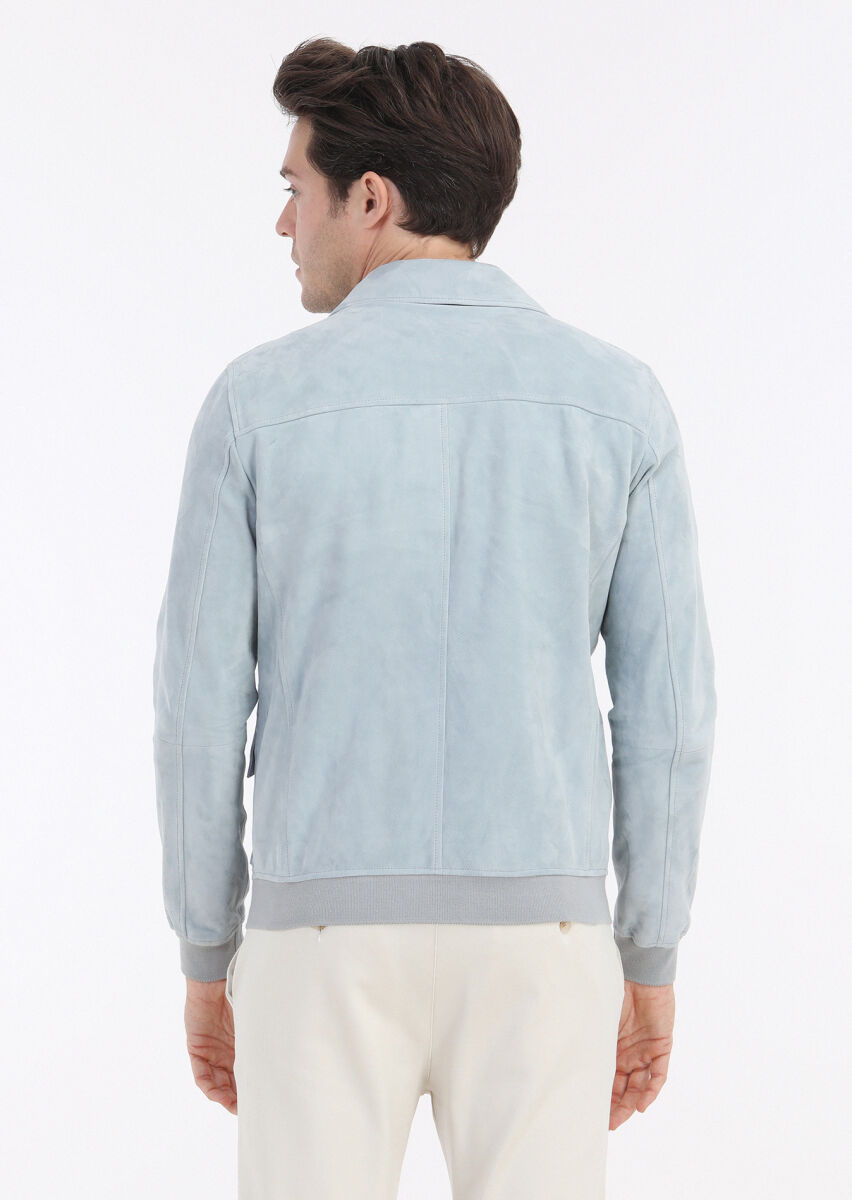 Light Blue Regular Fit Shirt Collar Casual Suede Leather Coat - 6