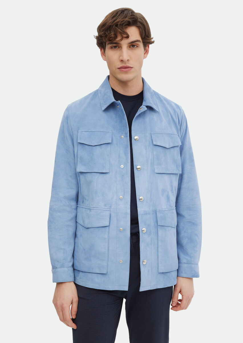 Light Blue Regular Fit Shirt Collar Casual Suede Leather Coat - 1