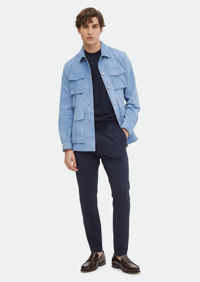 Light Blue Regular Fit Shirt Collar Casual Suede Leather Coat - 2
