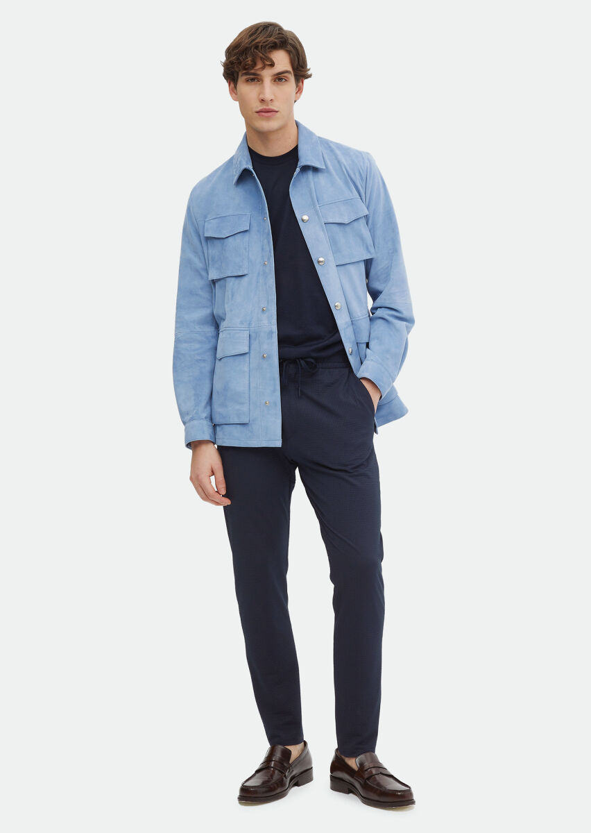 Light Blue Regular Fit Shirt Collar Casual Suede Leather Coat - 2