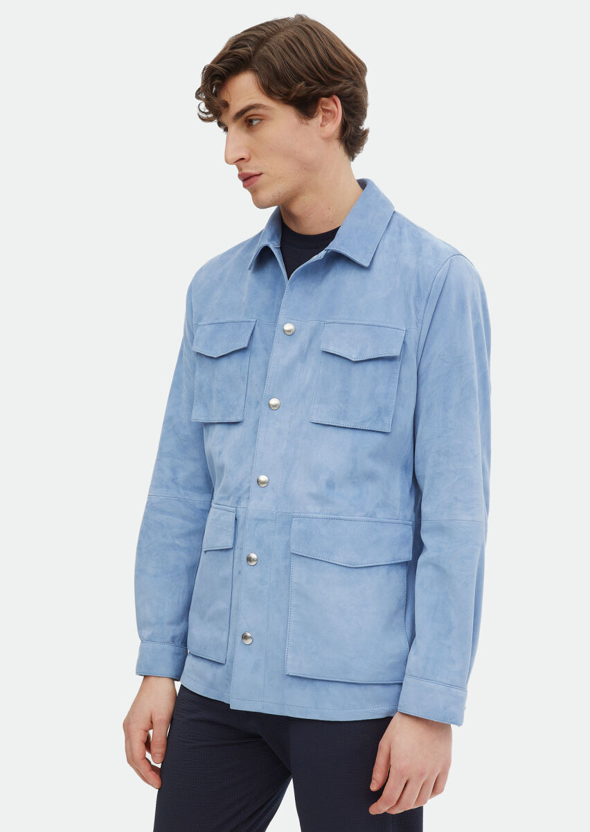 Light Blue Regular Fit Shirt Collar Casual Suede Leather Coat - 3