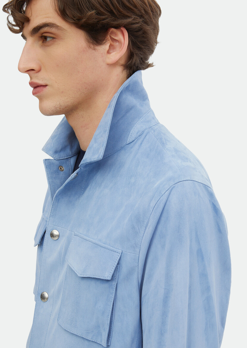 Light Blue Regular Fit Shirt Collar Casual Suede Leather Coat - 5
