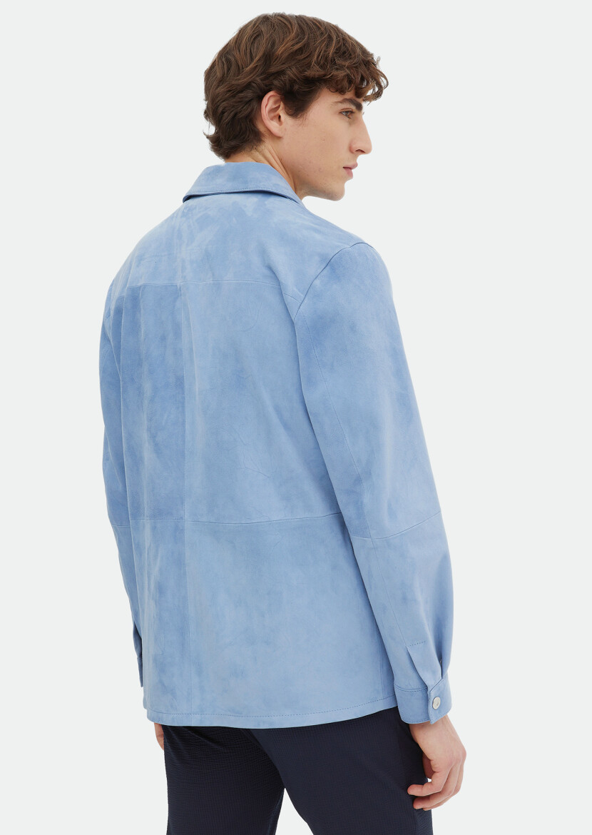 Light Blue Regular Fit Shirt Collar Casual Suede Leather Coat - 6