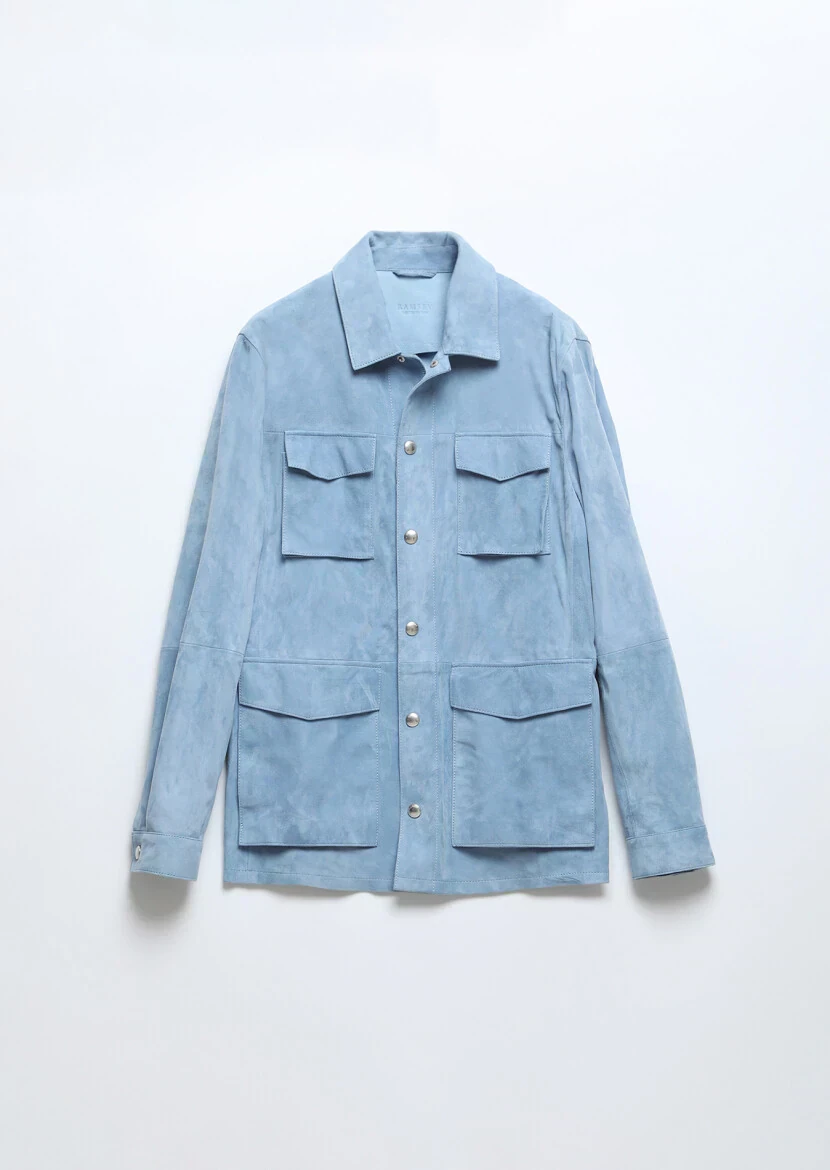 Light Blue Regular Fit Shirt Collar Casual Suede Leather Coat - 7
