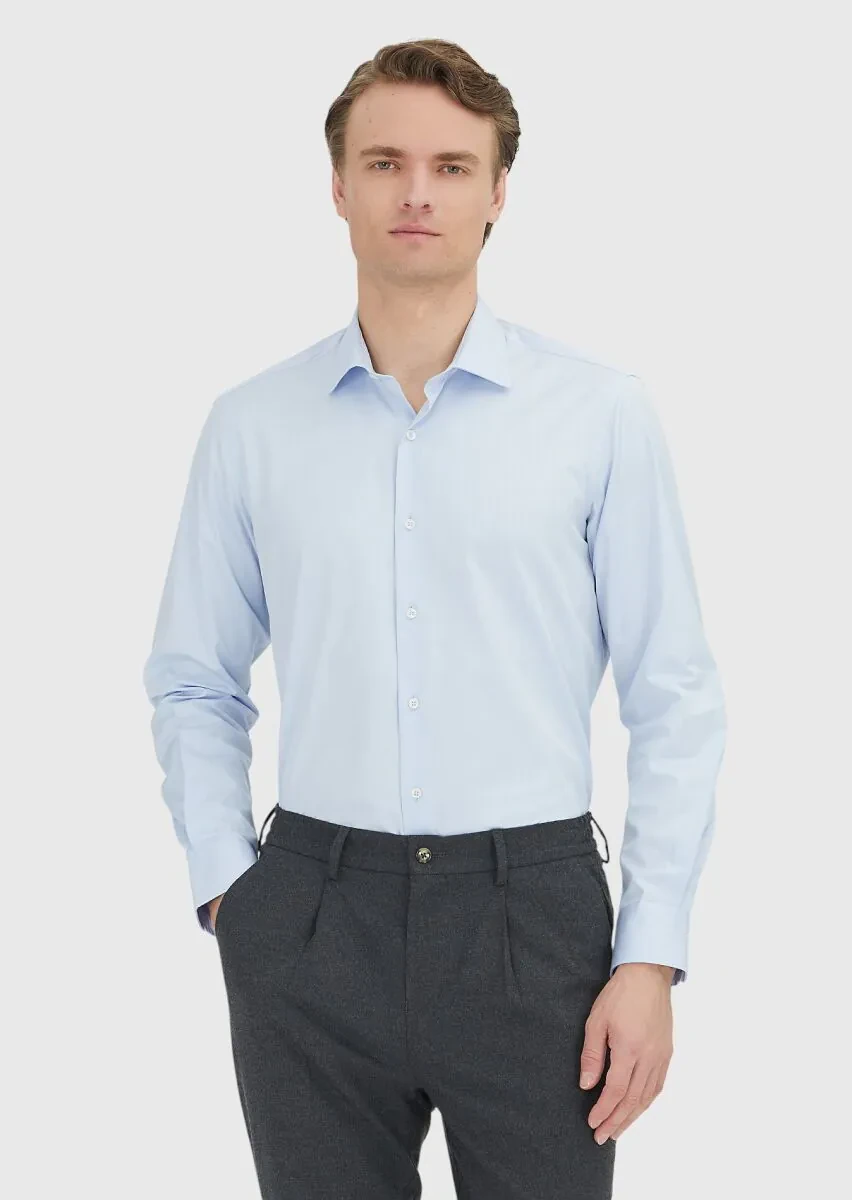 Light Blue Regular Fit Weaving Classical 100% Cotton Shirt - 1