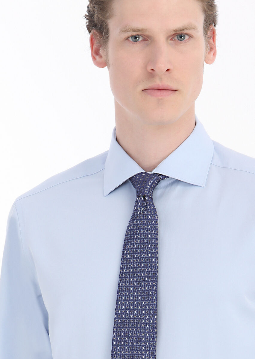 Light Blue Regular Fit Weaving Classical Cotton Blended Shirt - 5