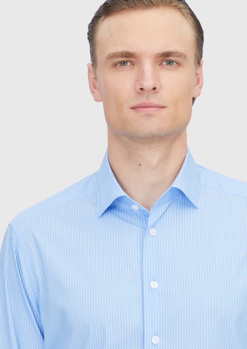 Light Blue Regular Fit Weaving Classical Cotton Blended Shirt - 3