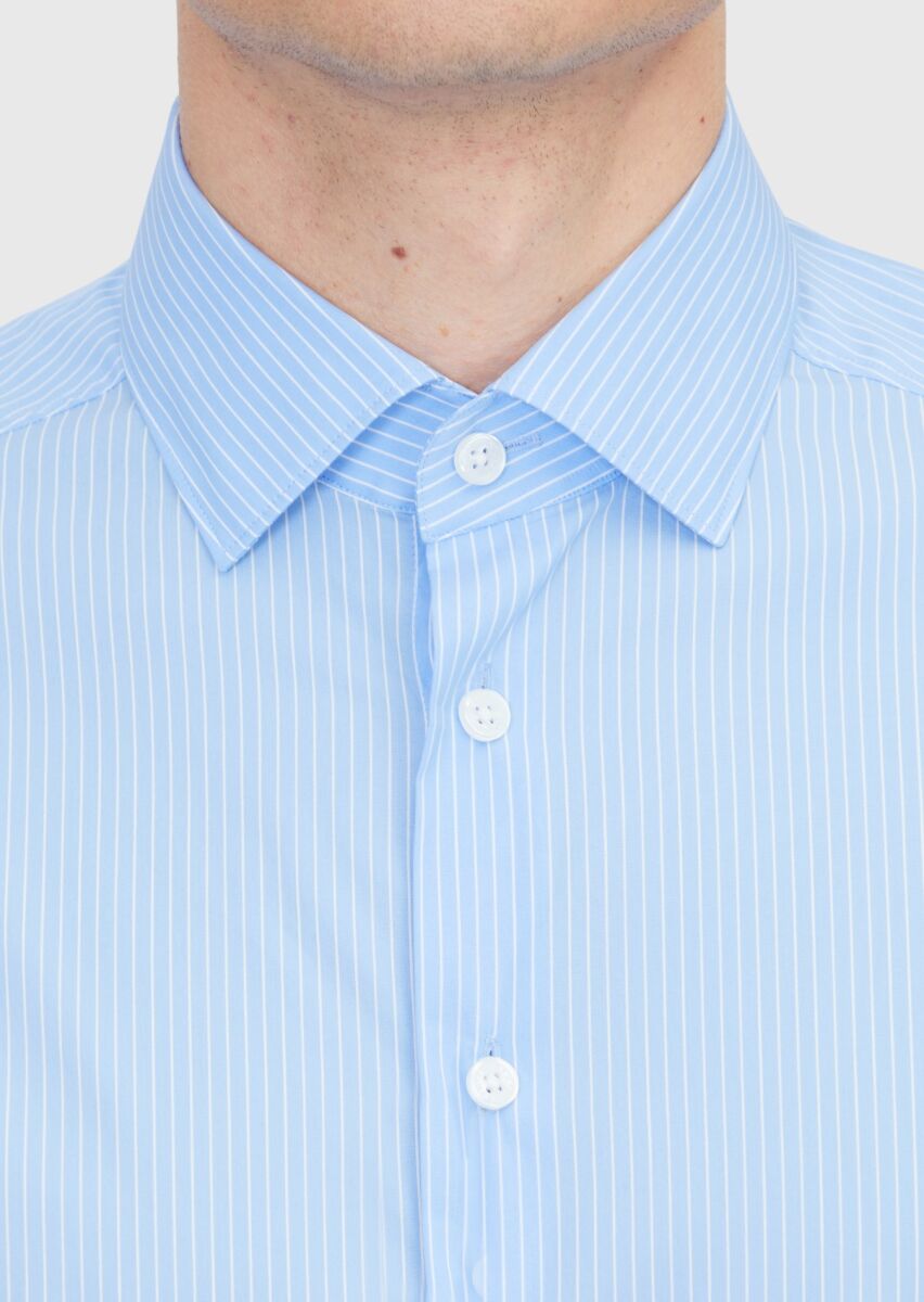 Light Blue Regular Fit Weaving Classical Cotton Blended Shirt - 5