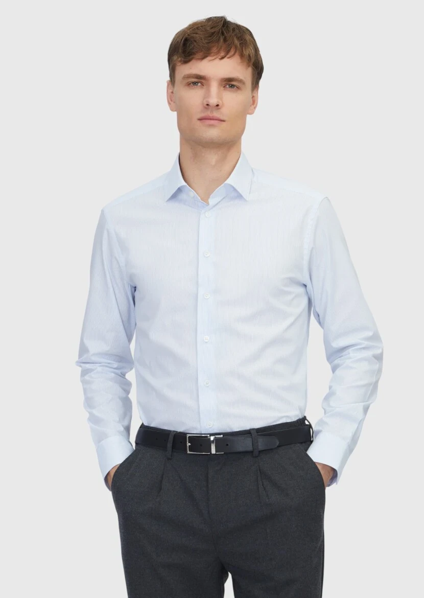 Light Blue Regular Fit Weaving Classical Cotton Blended Shirt - RAMSEY