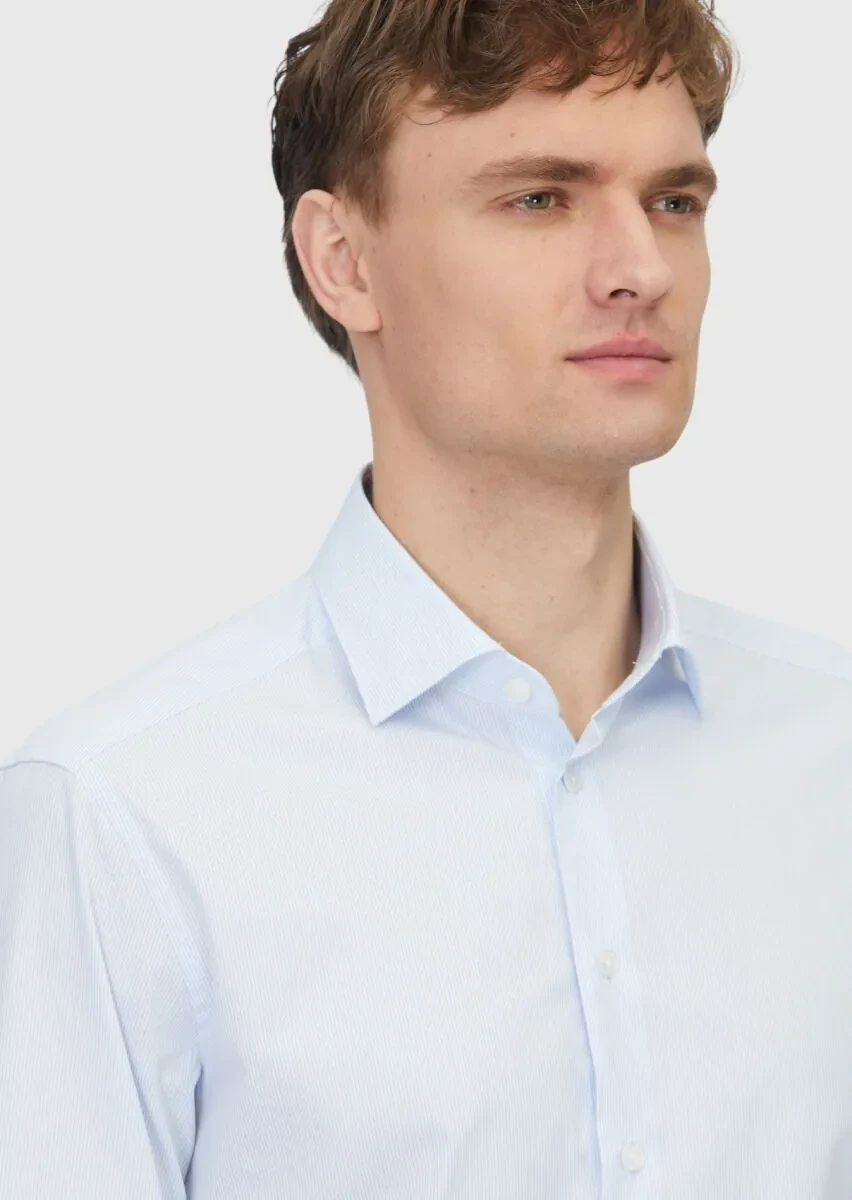 Light Blue Regular Fit Weaving Classical Cotton Blended Shirt - 3