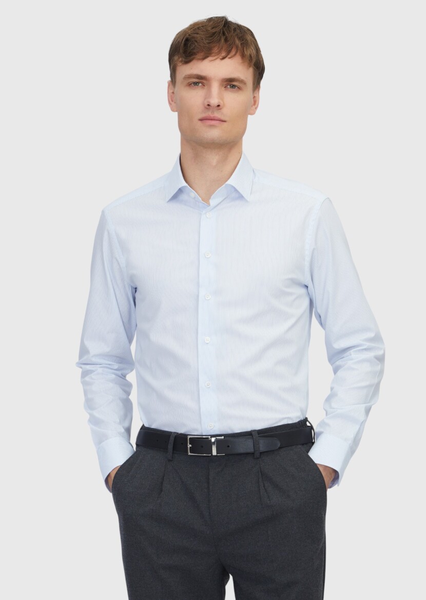 Light Blue Regular Fit Weaving Classical Cotton Blended Shirt - 1