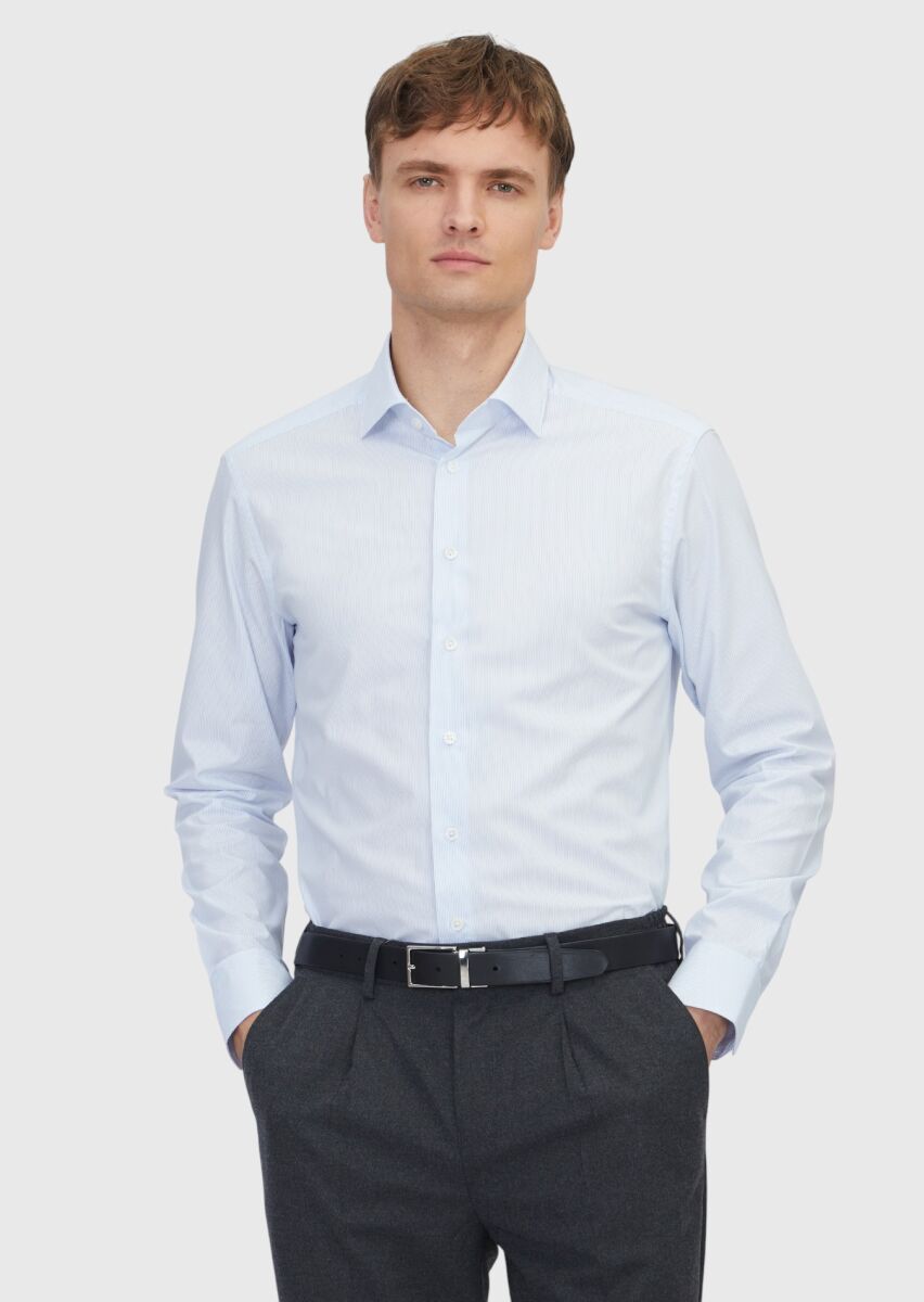 Light Blue Regular Fit Weaving Classical Cotton Blended Shirt - 1