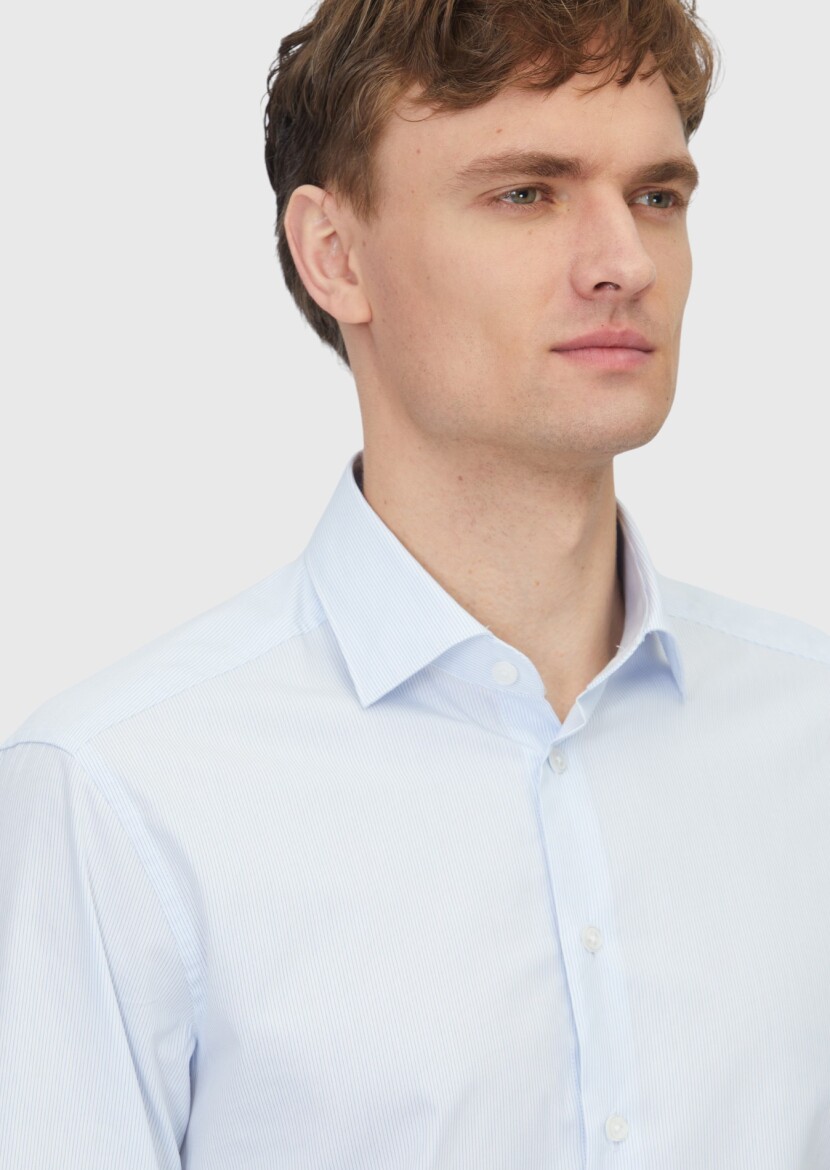 Light Blue Regular Fit Weaving Classical Cotton Blended Shirt - 3