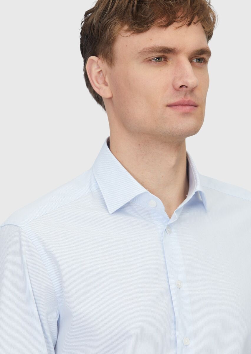 Light Blue Regular Fit Weaving Classical Cotton Blended Shirt - 3