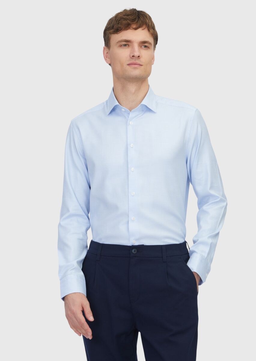 Light Blue Regular Fit Weaving Classical Cotton Blended Shirt - 1