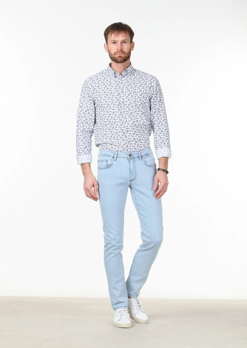 Light Blue Slim Fit Denim Cotton Blended Trousers - 1