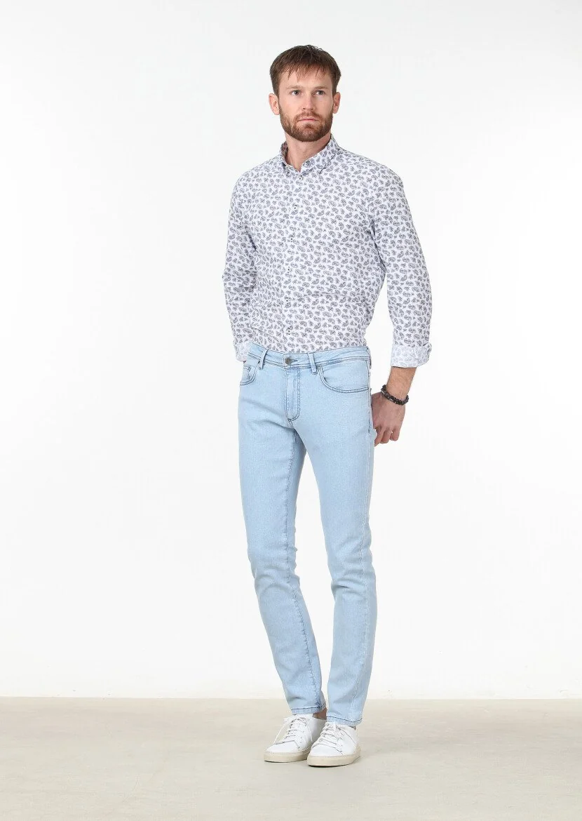 Light Blue Slim Fit Denim Cotton Blended Trousers - 2