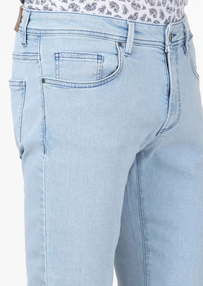 Light Blue Slim Fit Denim Cotton Blended Trousers - 3
