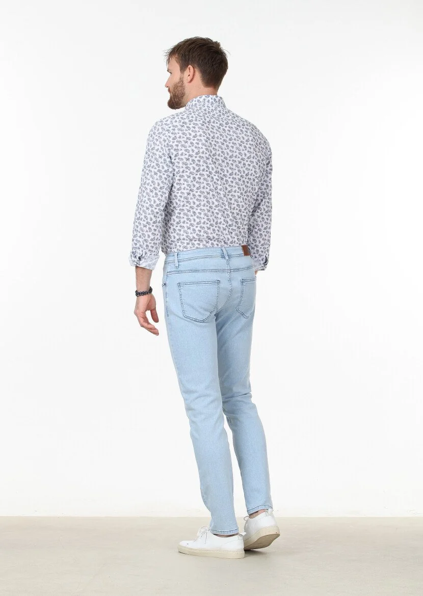 Light Blue Slim Fit Denim Cotton Blended Trousers - 4