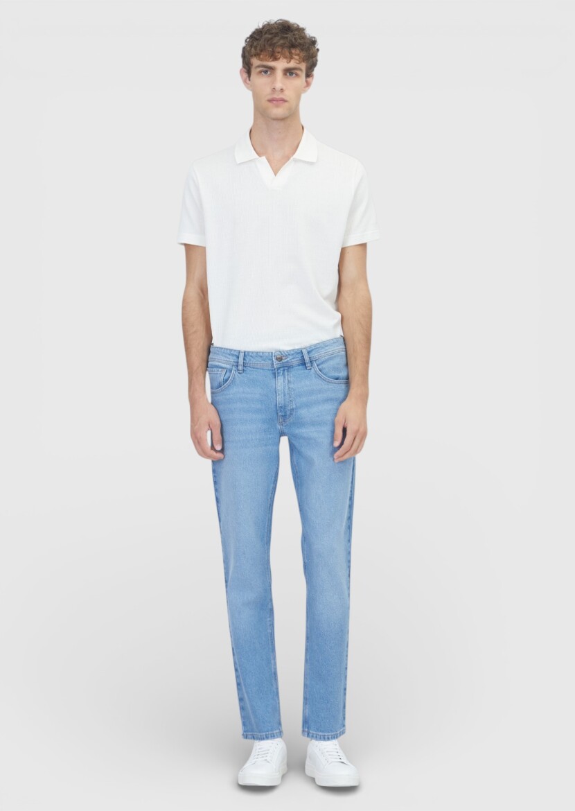 Light Blue Slim Fit Denim Cotton Blended Trousers - RAMSEY