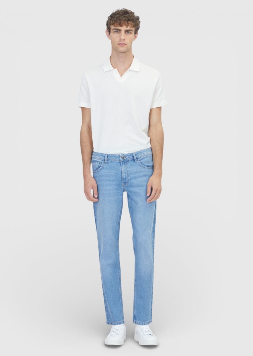 Light Blue Slim Fit Denim Cotton Blended Trousers - 1