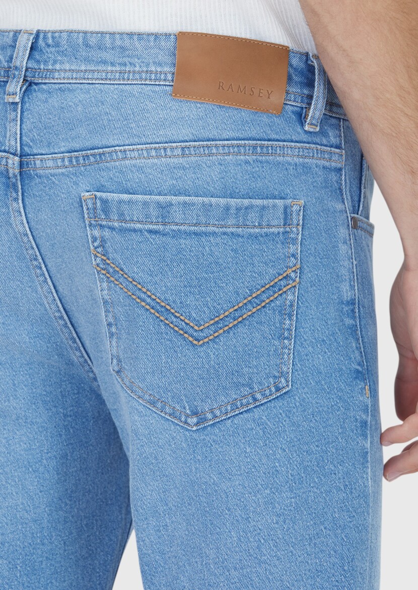 Light Blue Slim Fit Denim Cotton Blended Trousers - 4