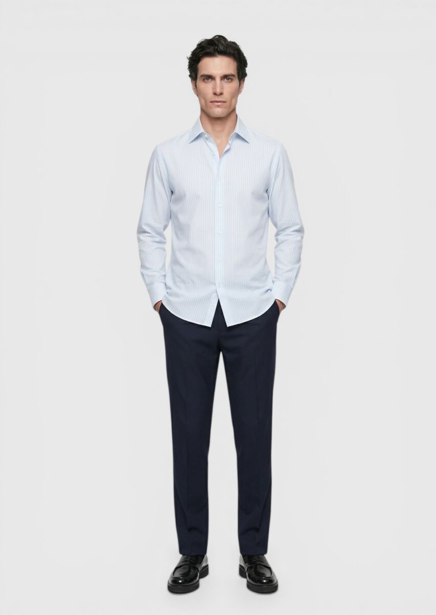 Light Blue Striped Long Weaving Classical 100% Cotton Shirt - 2